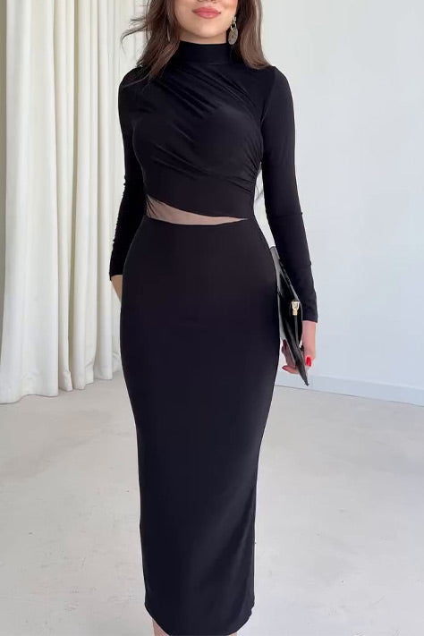 Solid color long sleeve high collar exposed waist hip slim dress