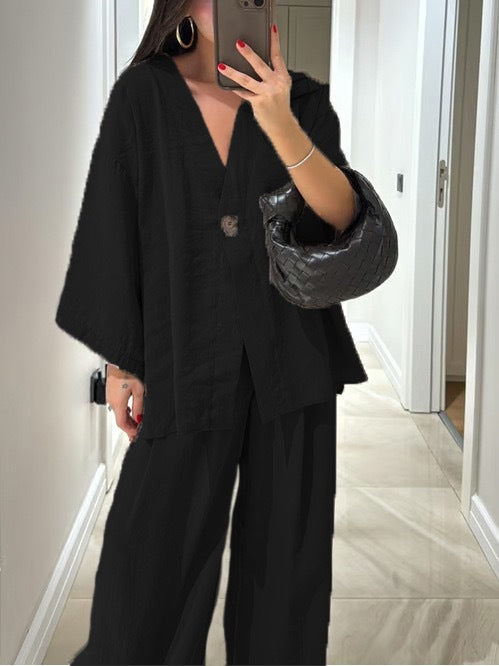 Ensemble deux pièces haut ample à manches longues et col en V à un bouton et pantalon taille haute