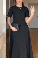 Temperament solid color waist loose hem midi dress