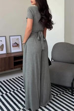 Tie-strap short-sleeved top and wide-leg pants two-piece suit