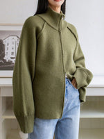 Cozy solid color stand collar zipper knitted cardigan top