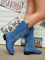 Glänzende, spitze, bestickte Ritterstiefel mit quadratischem Absatz