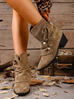 Side bow tie embellishment suede ankle boots
