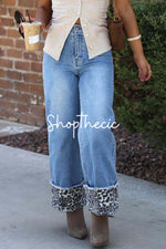 Leopard print rolled-up hem loose straight leg jeans