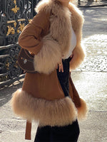 Brown plush shearling collar and sleeves Mid-length coat
