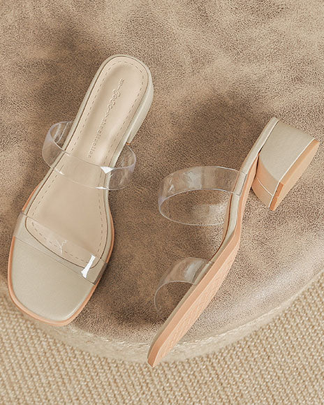 Sandales transparentes à talon bas épais et bout carré