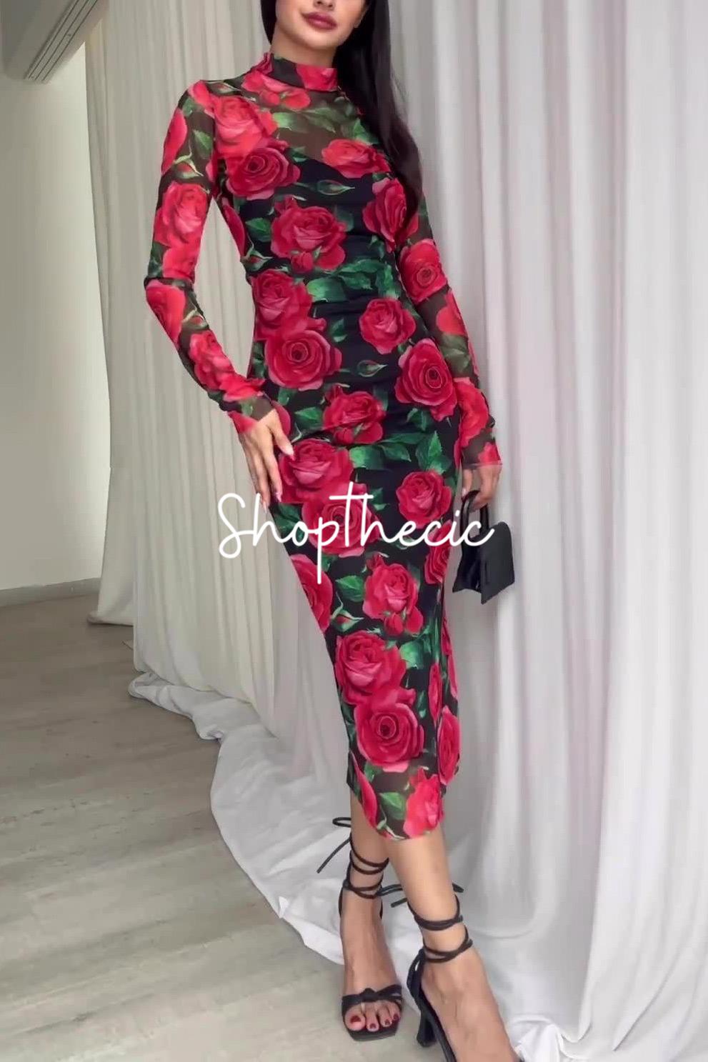 Large floral print fitted silhouette midi dress