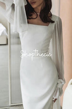 Square neckline sheer mesh flared sleeves fitted fishtail dress