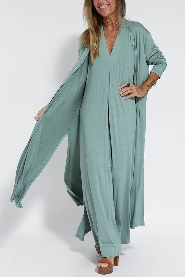 Elegant V-neck Sleeveless Long Dress Matching Vest Cardigan