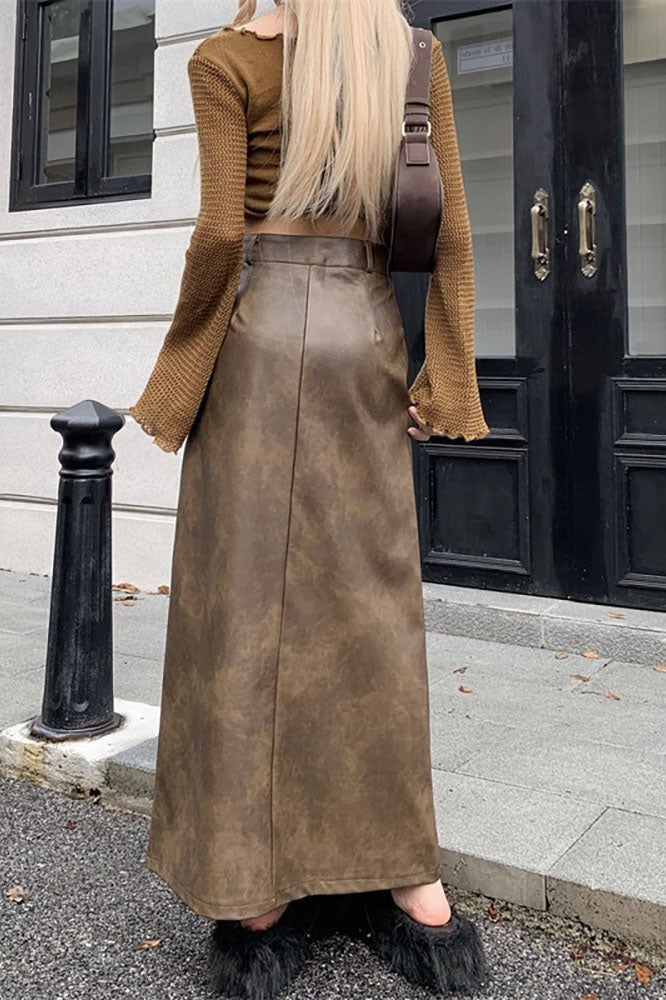 Jupe longue demi-rétro fendue taille haute en PU