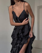 Ruffled V-neck Sling Slit long Dress