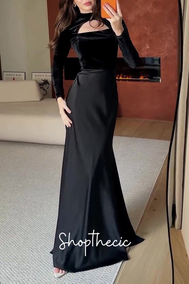 Draped in Moonlight Black long-sleeved fitted evening gown