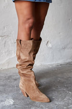Suede pointed toe chunky heel knee high boots