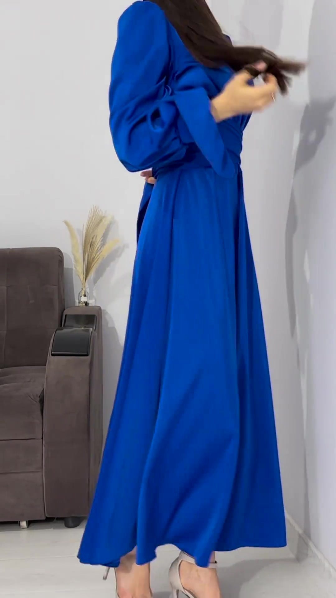 Long-sleeved puff-sleeved solid color fairy-style dress