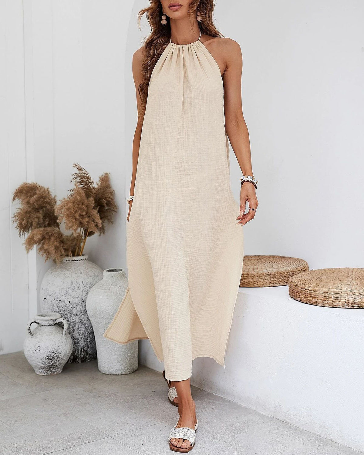 Robe de vacances dos nu élégante tissée à dos nu