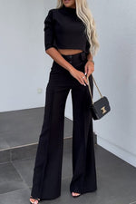Mid-Sleeve Pullover Wide-Leg Pants Business Casual Outfits Set