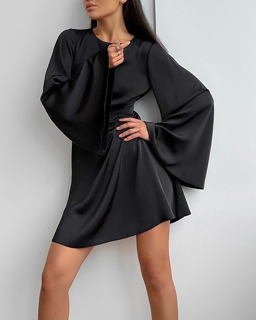 Satin Flared Sleeve Backless Dress