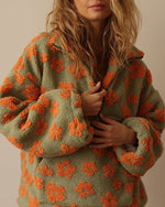 Faux Sherpa Print Kangaroo Pocket Loose Zip Top