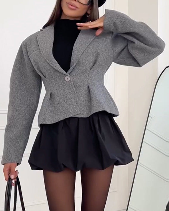 Sweet short single-breasted one-button long-sleeved suit collar woolen coat
