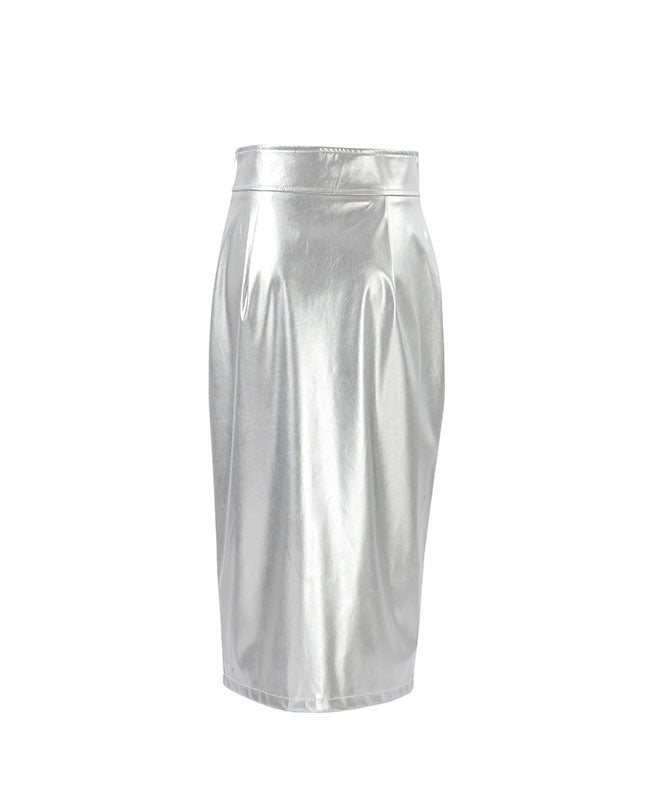 Jupe fendue taille haute en similicuir argentée