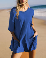 Mid-sleeve solid color Backless loose Romper