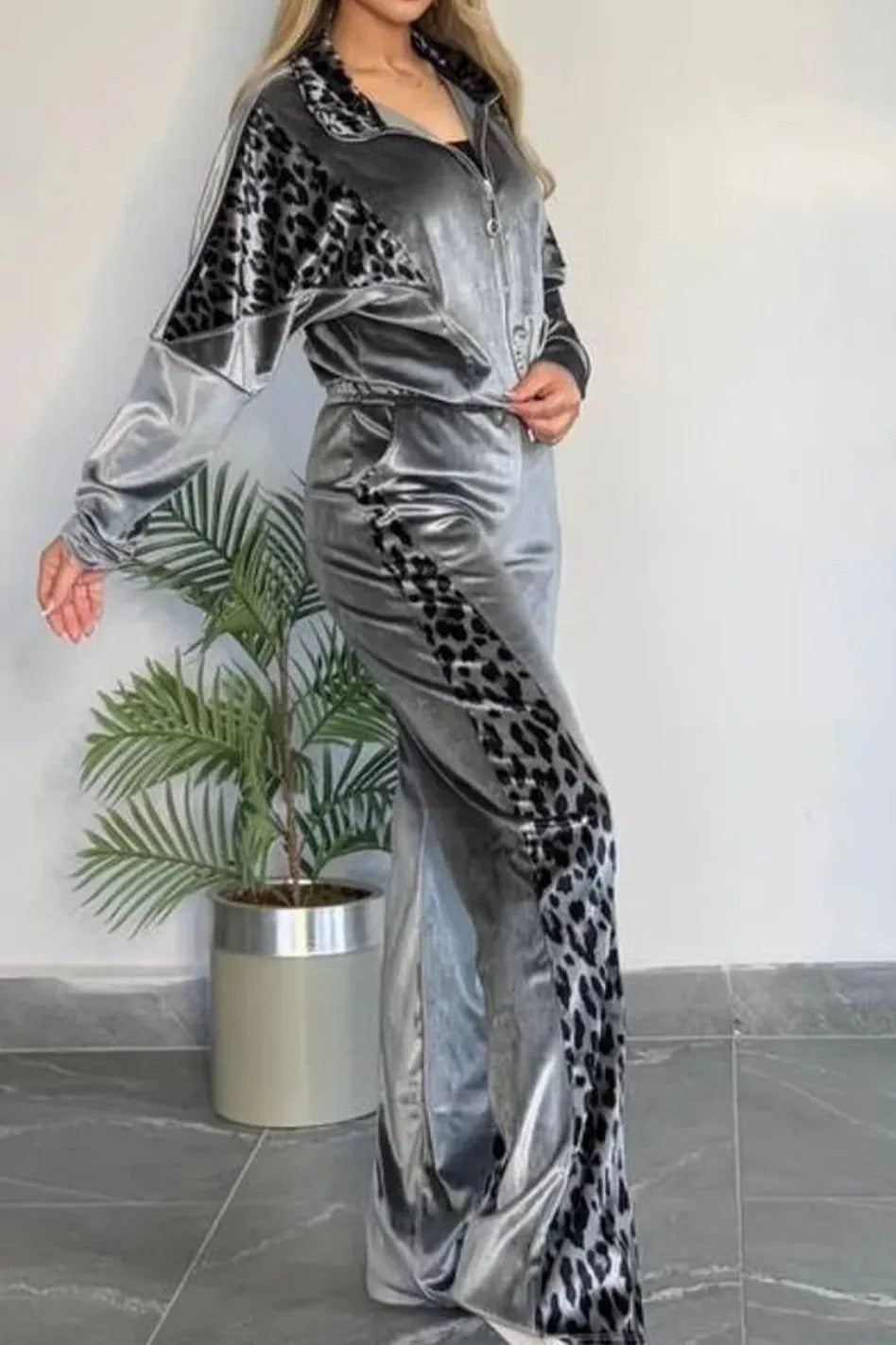 Suede leopard print contrast long-sleeved jacket and wide-leg pants two-piece set