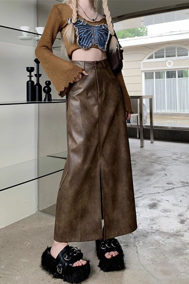 Jupe longue demi-rétro fendue taille haute en PU