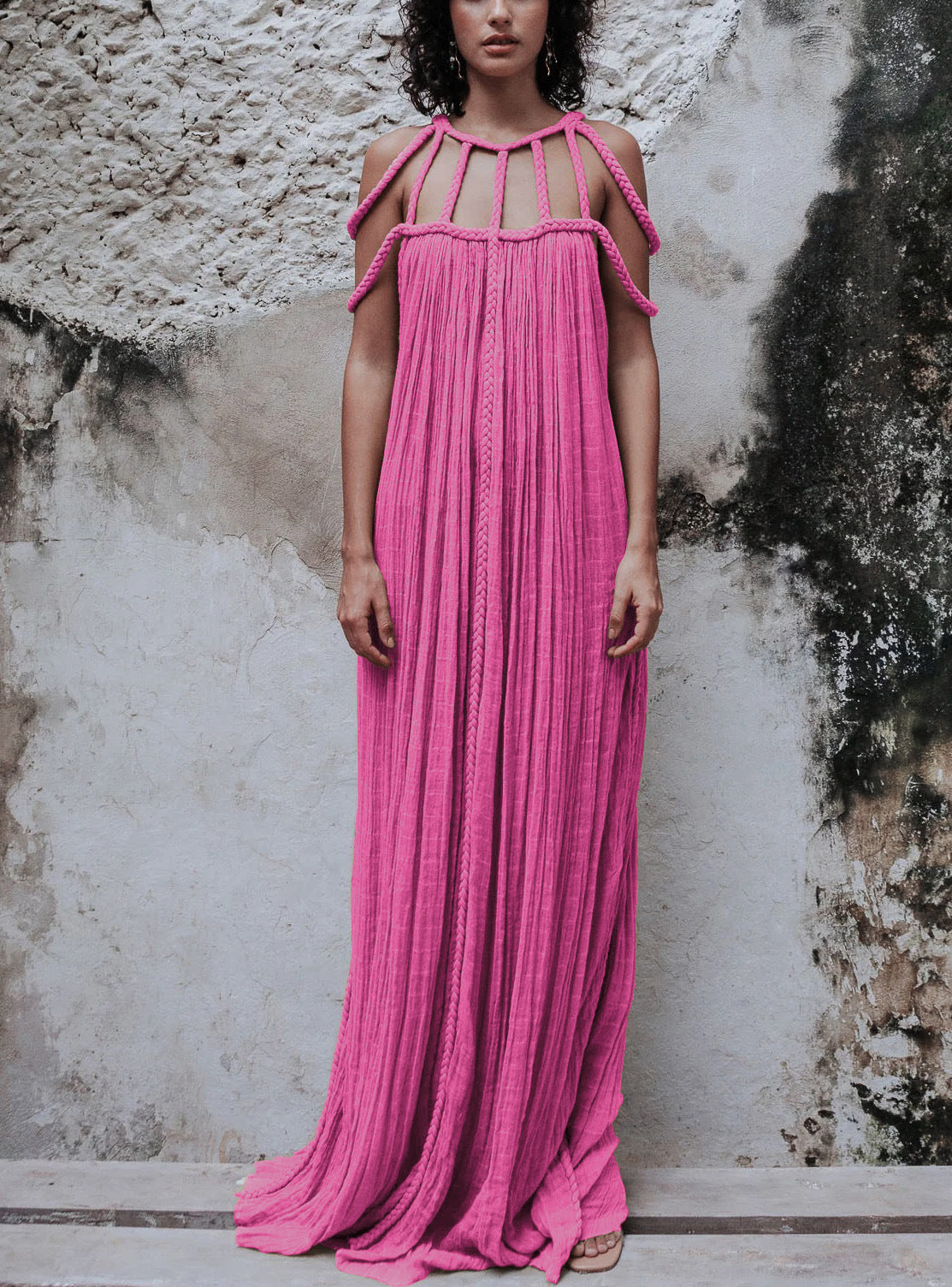 Drawstring Straps Shoulder Mesh Maxi Dress