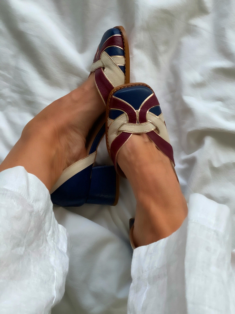 Multicolor patchwork Mid-heel Square toe side ditch Sandals