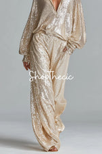 Sequined stand-up collar half-zip top wide-leg pants two-piece set