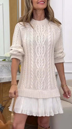 Long-sleeved crew neck cable knit chiffon hem dress