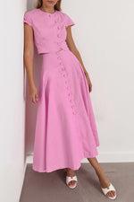 Chic button design Short-sleeved top A-line maxi skirt Two-piece suit