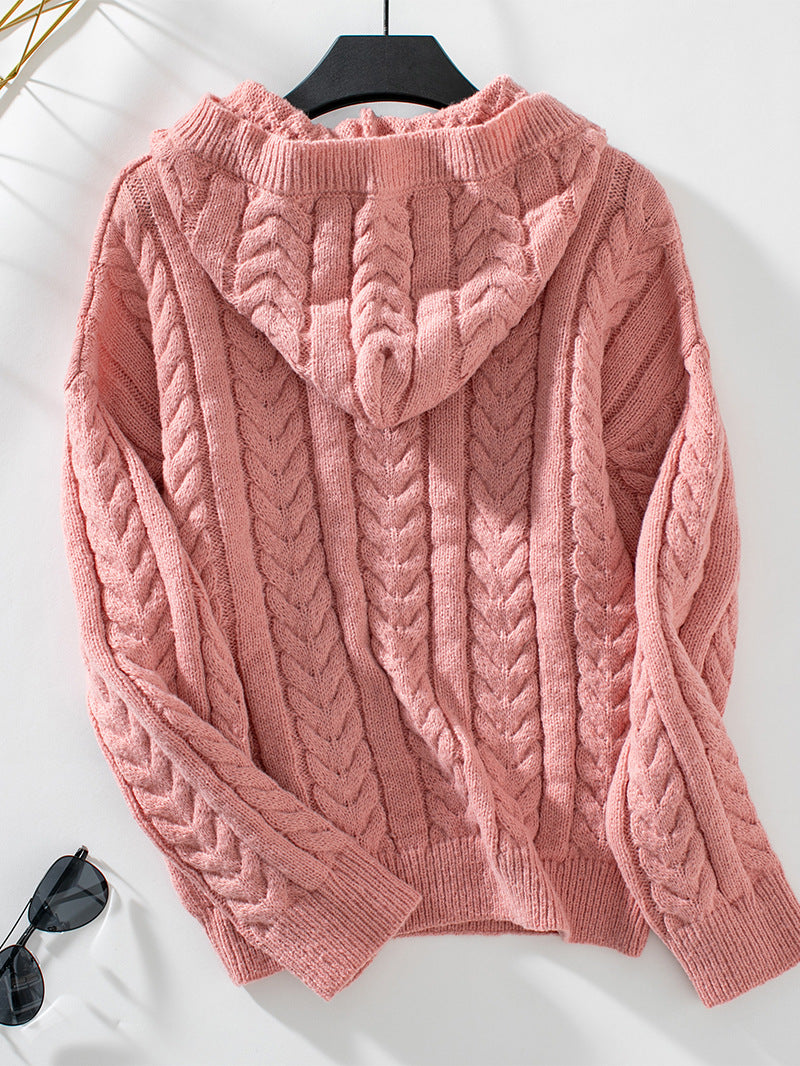 Thick buttoned twist hooded sweater