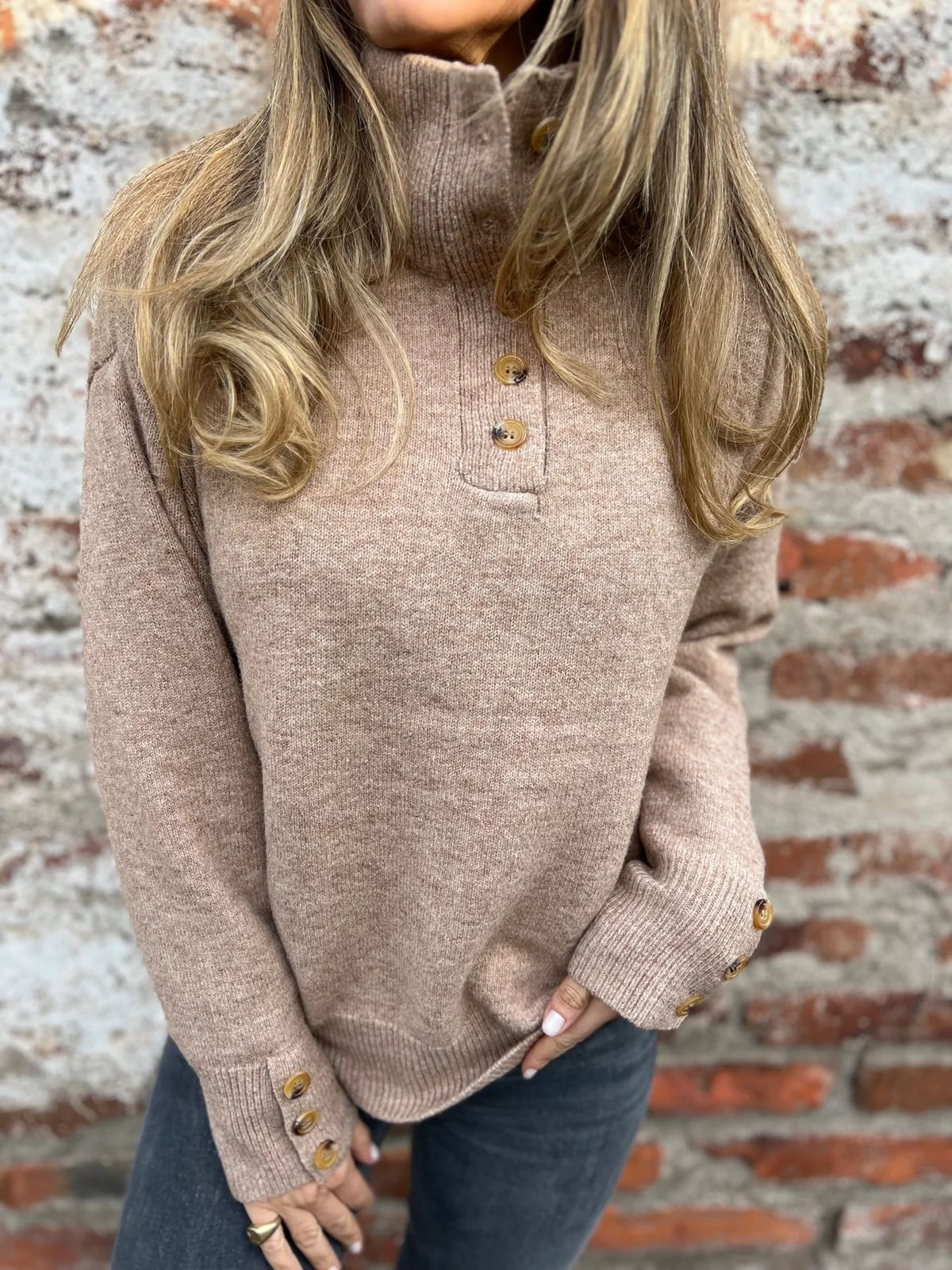 Stand collar solid color button loose sweater