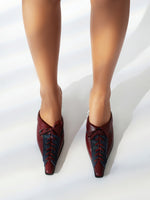 Square high heel pointed toe lace-up stitching mules