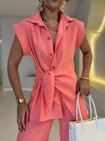 Tie-waist short-sleeved shirt and high-waisted pants two-piece set