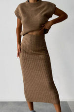 Sleeveless knitted pullover top and fitted long skirt two-piece set