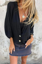 Low-cut V-neck button-down cotton and linen shirt