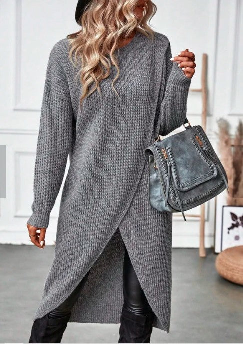 Gray Asymmetrical Hem Long Sleeve Cardigan Dress