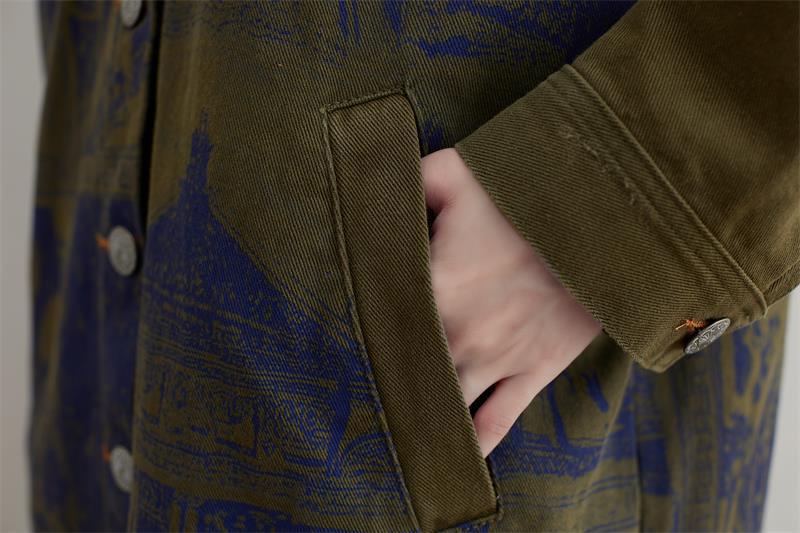 Knee-length patchwork denim trench coat