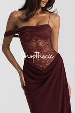 One-shoulder lace-trimmed fitted maxi dress