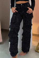Rhinestone Multi-Pocket Cargo Jeans