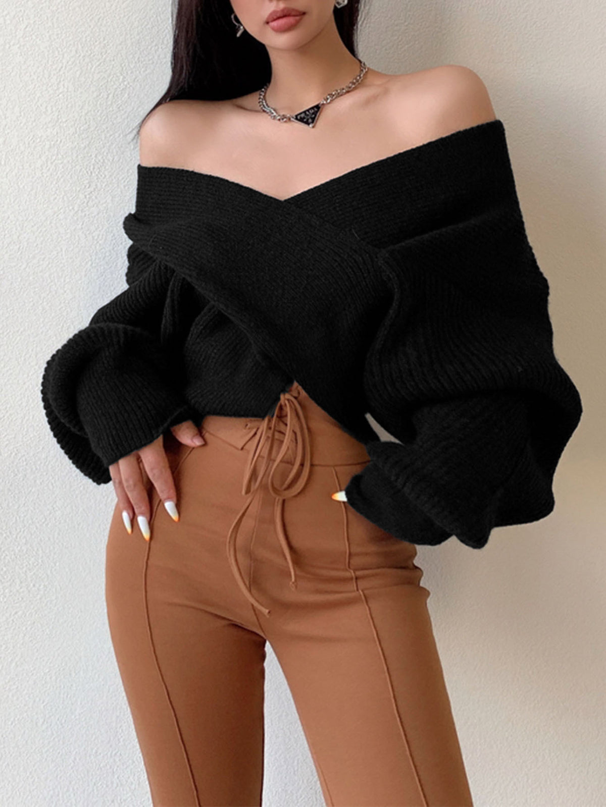 Off-the-shoulder cross-over asymmetrical cropped sweater