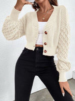 V-neck drop shoulder sleeve button-down cropped knitted cardigan