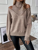 Solid color loose off-the-shoulder long-sleeved turtleneck sweater