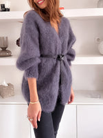 Gray Loose Faux Mink Knit Cardigan