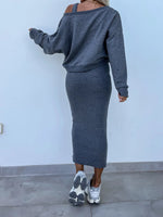 Solid Color V-Neck Long Sleeve Sweatshirt Suspender Slim Maxi Dress Two Piece Set