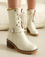 Two-way lace-up thick-heeled warm furry low boots