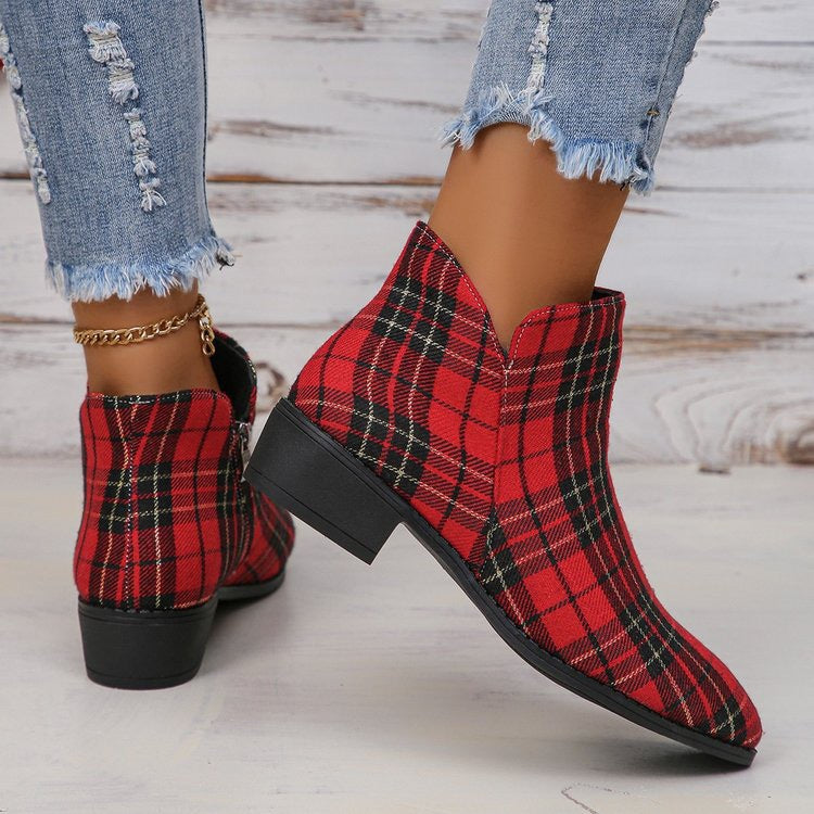 Chaussures en jean à bout rond à carreaux rouges et noirs