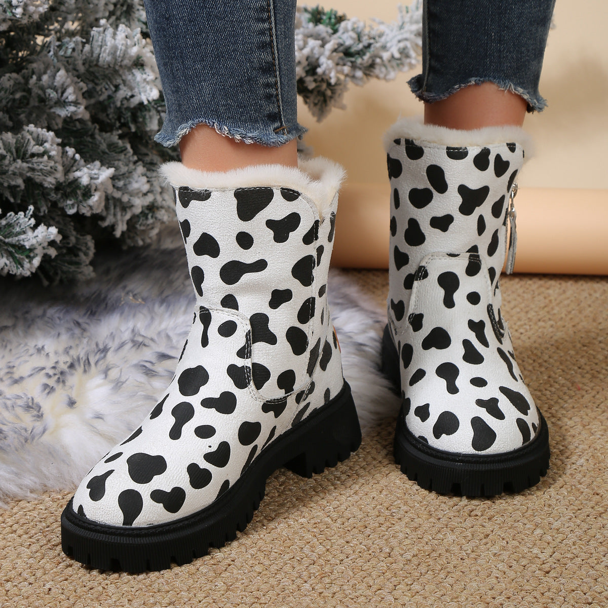 Sapatos de algodão com cano médio em veludo leopardo
